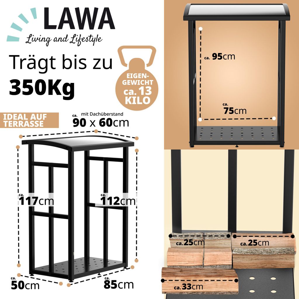 Elegantes Kaminholzregal für Terrasse – Metall schwarz mit Polycarbonat-Dach – Ansicht 2