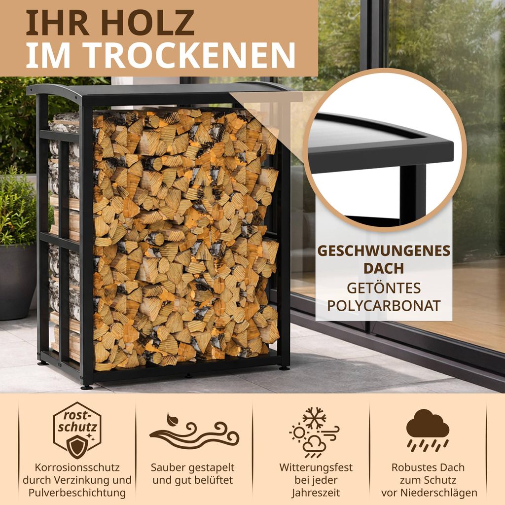 Elegantes Kaminholzregal für Terrasse – Metall schwarz mit Polycarbonat-Dach – Ansicht 3
