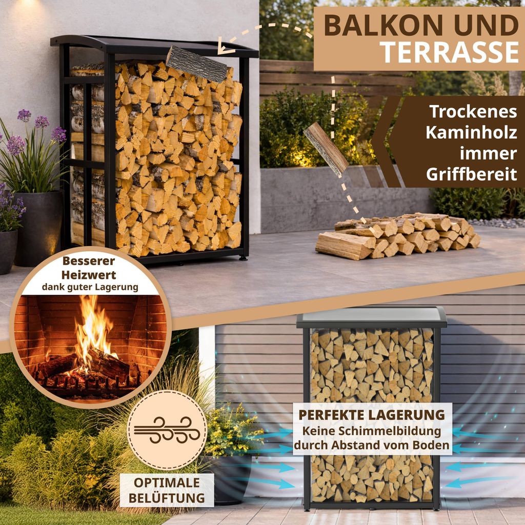 Elegantes Kaminholzregal für Terrasse – Metall schwarz mit Polycarbonat-Dach – Ansicht 4
