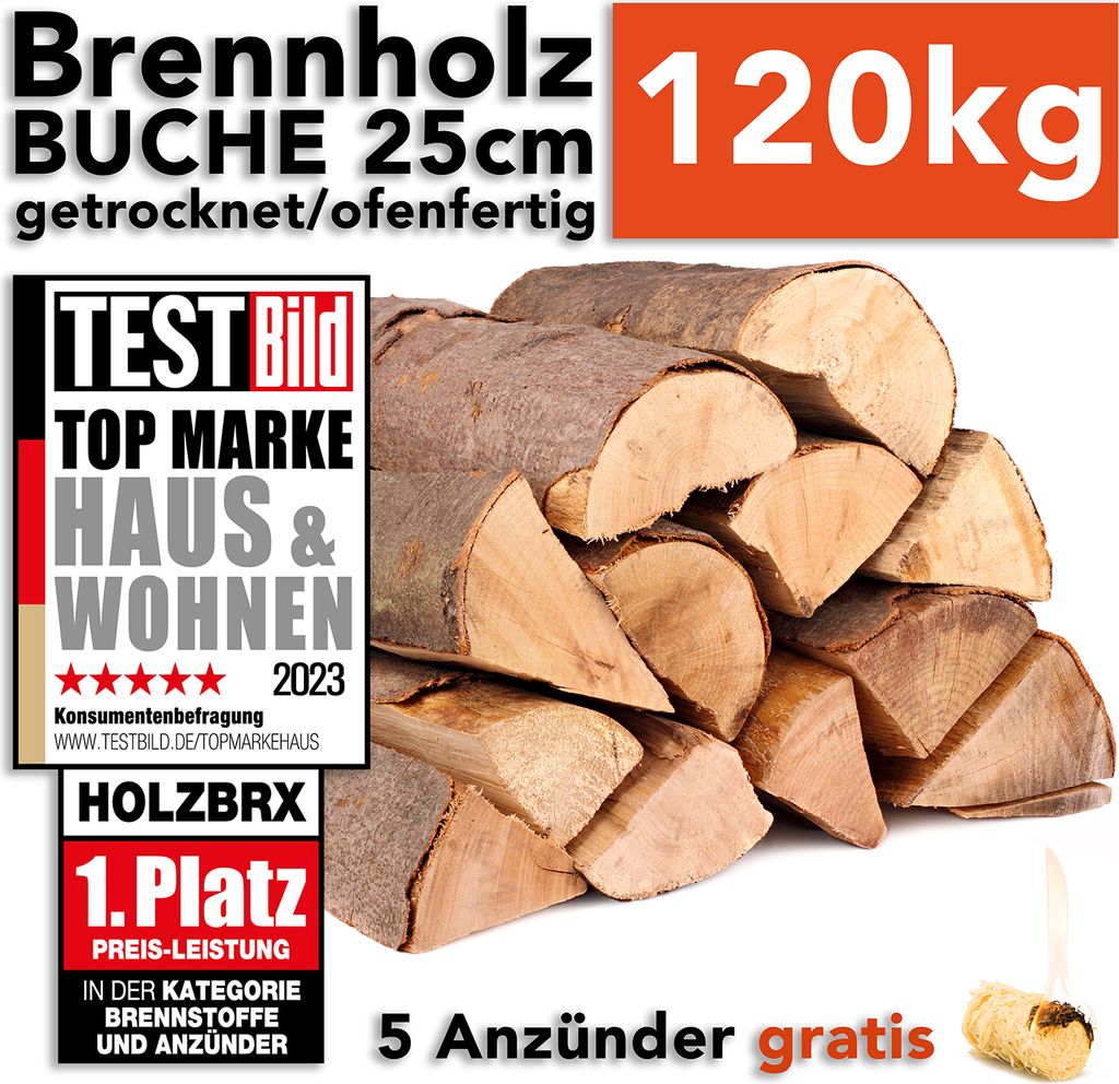 Ofenfertiges Buchenbrennholz, 120 kg, 25 cm Scheitlänge im Karton – Ansicht 1