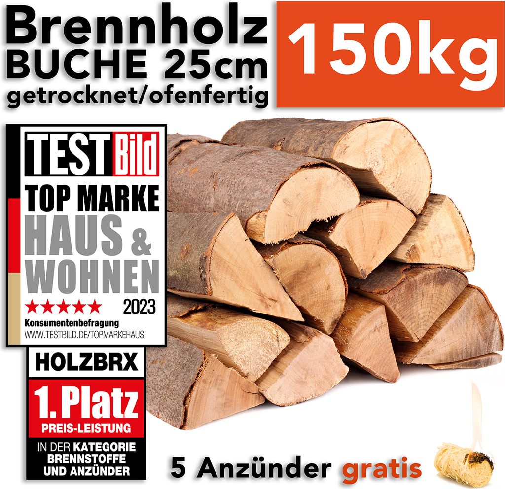 Ofenfertiges Buchenbrennholz 150 kg, 25 cm Scheitlänge für sofortige Verwendung – Ansicht 1