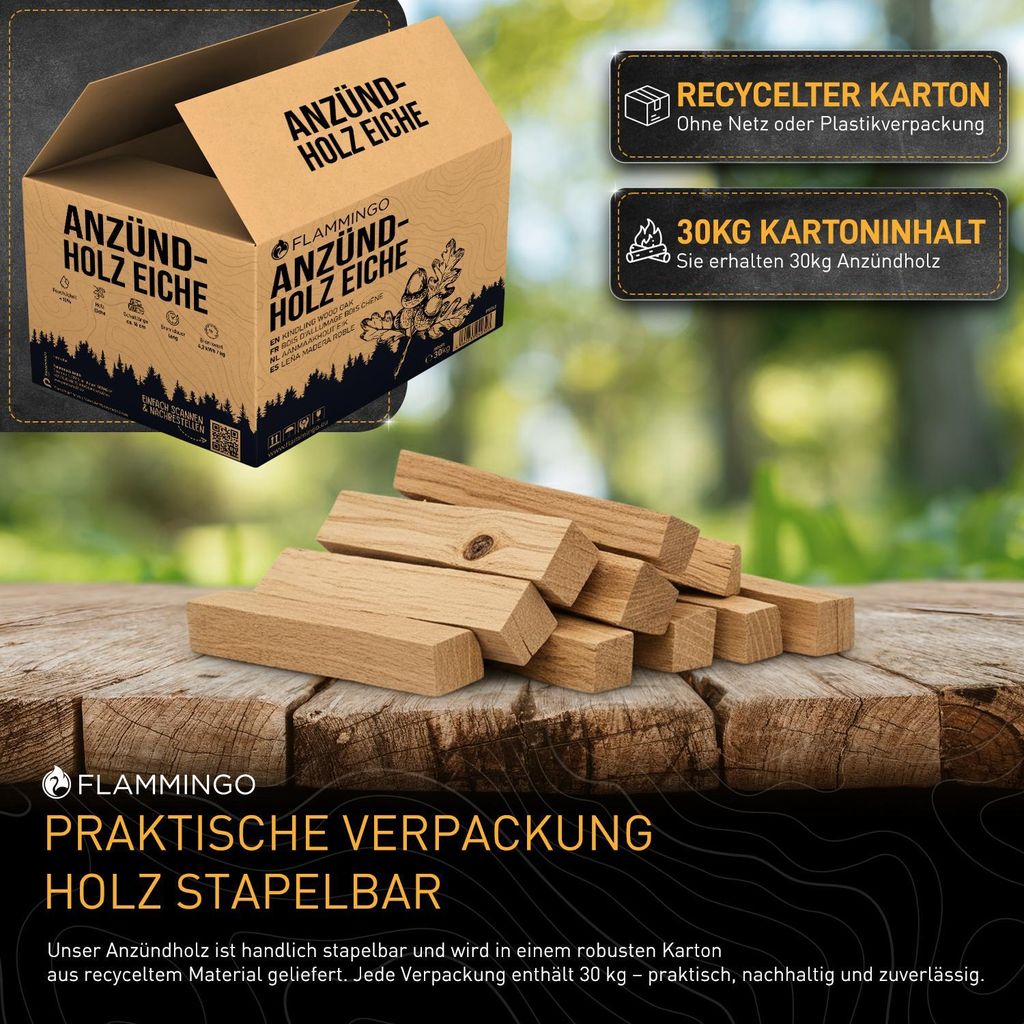 Anzündholz Eiche – 30 kg im stabilen Karton, 16 cm Scheitlänge – Ansicht 5