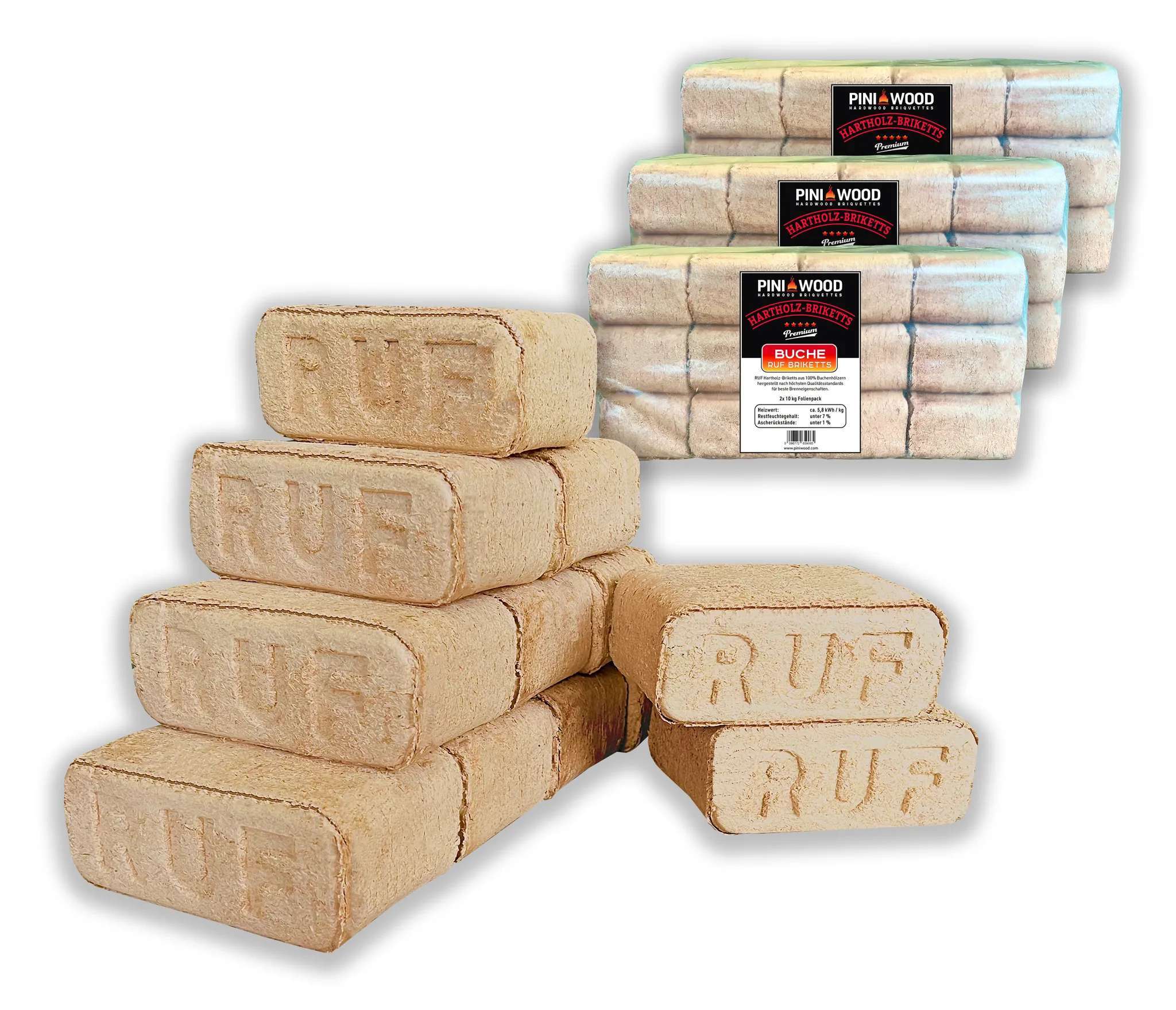 PINI 30 kg Holzbriketts 100% Buche Hartholzbriketts RUF Grill