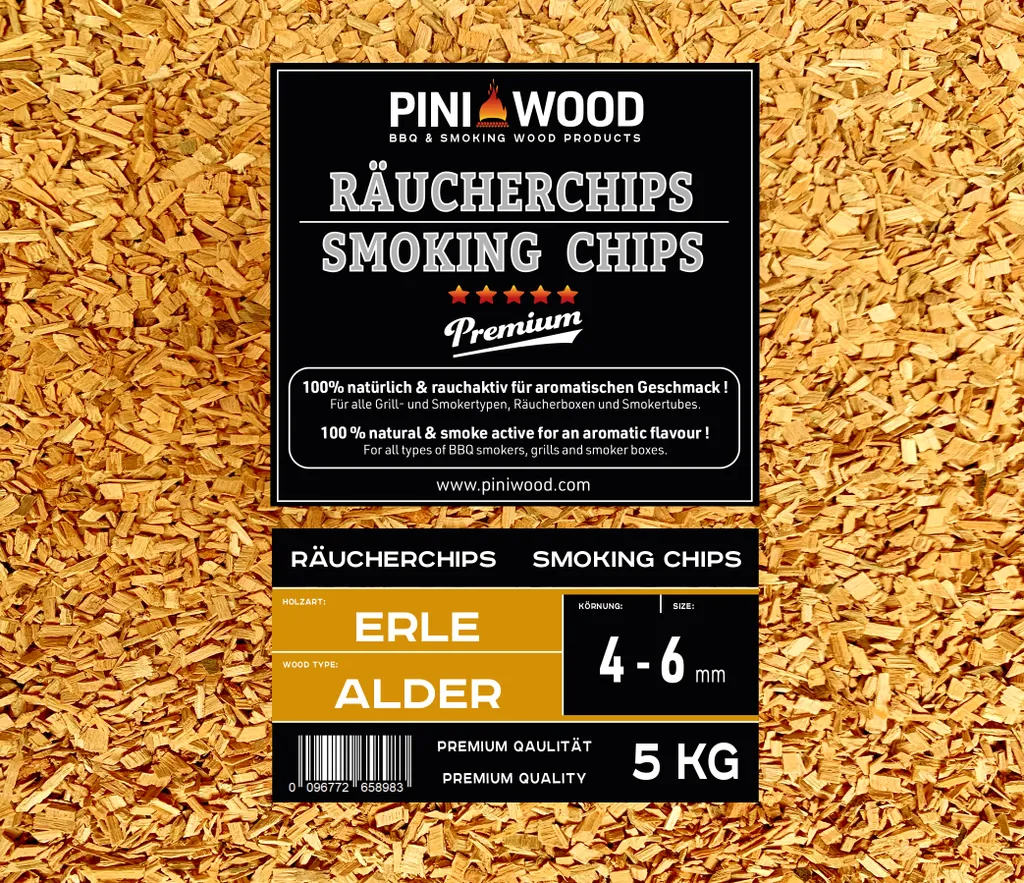 PINI 5 Kg Räucherchips Erle ohne Rinde 4-6 mm Smoking Chips