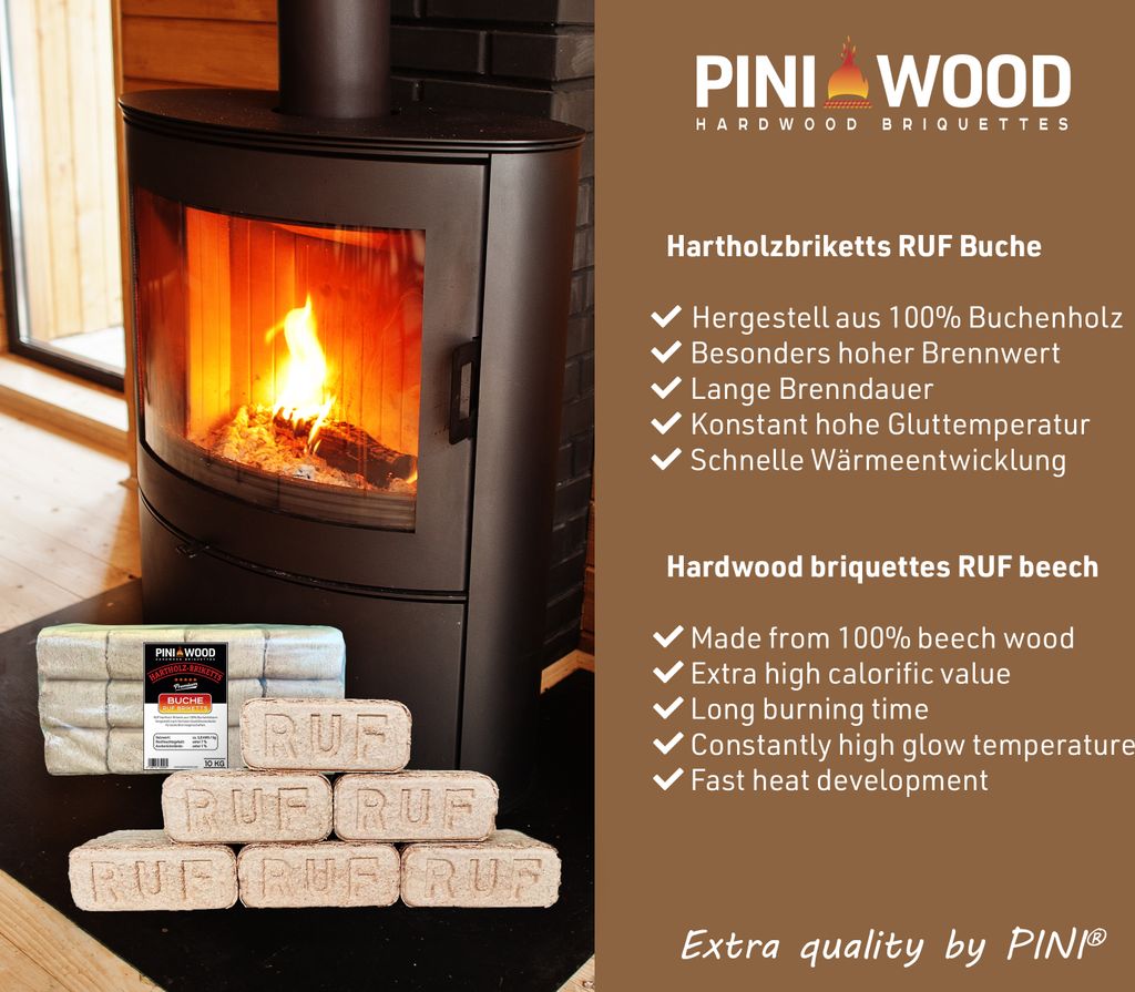 PINI Holzbriketts 20 kg aus 100% Buche – Hochwertige Kaminbriketts mit langer Brenndauer – Ansicht 4