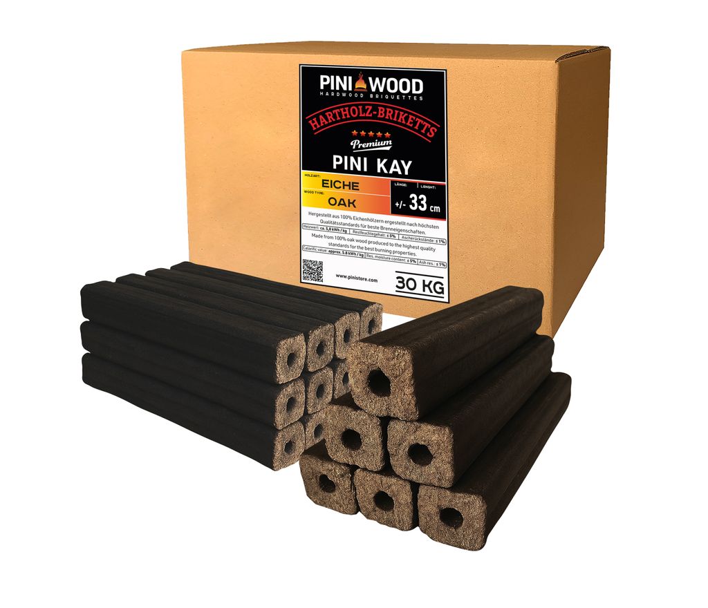 PINI Kay Eichenholzbriketts 33 cm – 30 kg Hochwertige Hartholz-Briketts für effizientes Heizen – Ansicht 1