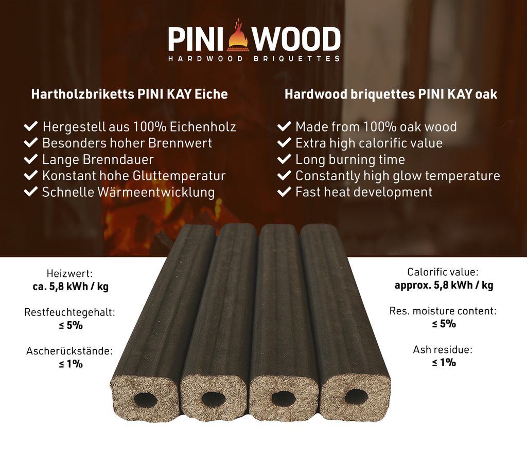 PINI Kay Eichenholzbriketts 33 cm – 30 kg Hochwertige Hartholz-Briketts für effizientes Heizen – Ansicht 3