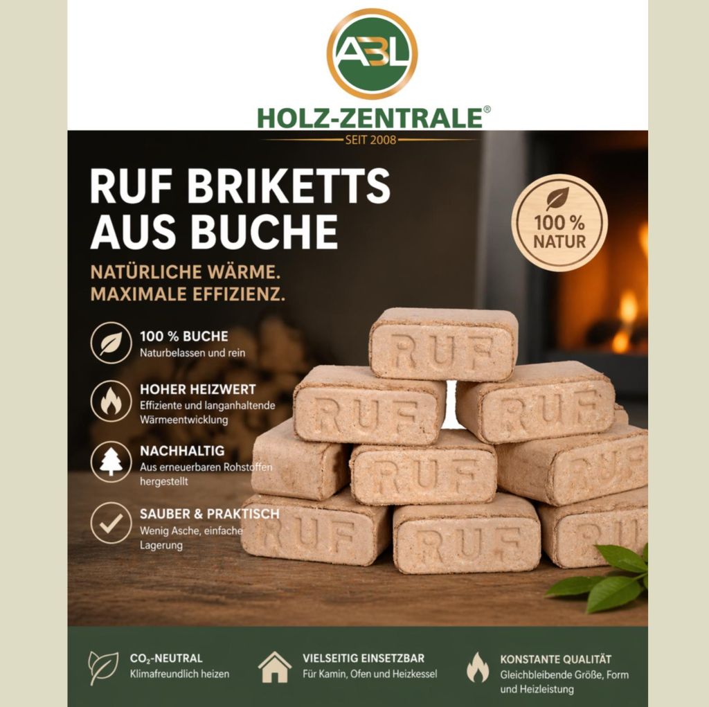 RUF Hartholzbriketts aus 100% Buche, 10 kg für Kamin und Ofen – Ansicht 2